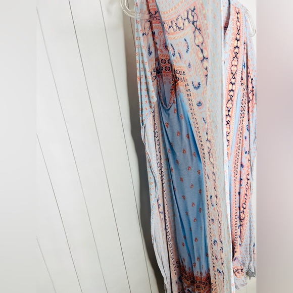 BCBGmaxazria Alexi Blue Peach Combo Print Kaftan Mini Dress Summer Resortwear S - Picture 8 of 11